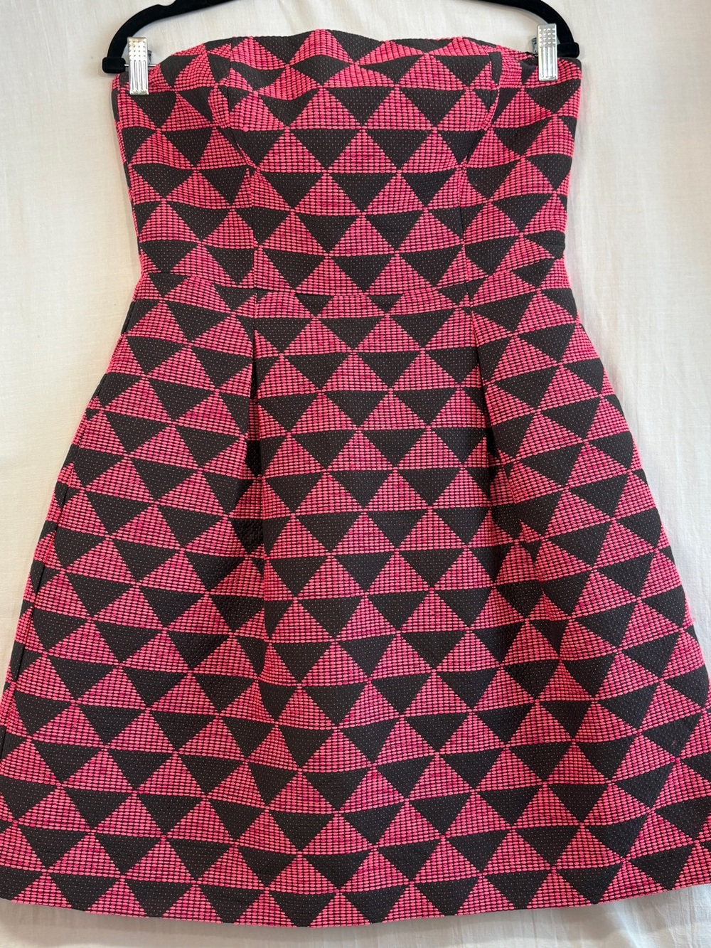 Trina Turk Strapless Pink and Black Geometric Fit-and-Flare Dress